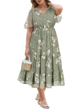 Plus Size Flowy Midi Dress - Short Sleeve V Neck, Chiffon Floral Beach Wedding